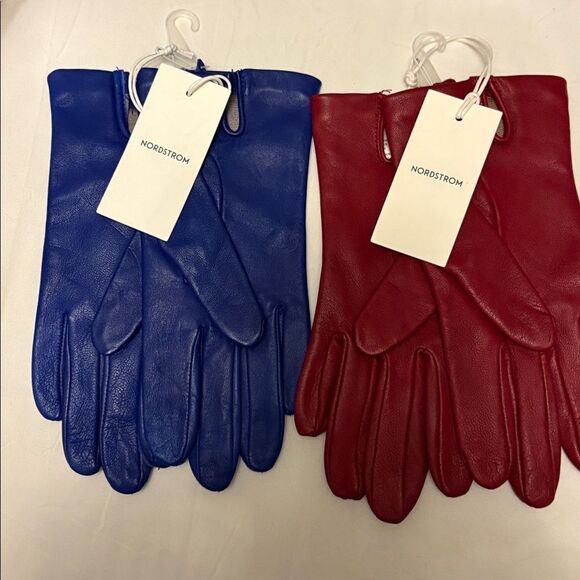 NWT Nordstrom Lambskin Leather Gloves Cherry or Colt Blue $100 - Picture 2 of 7